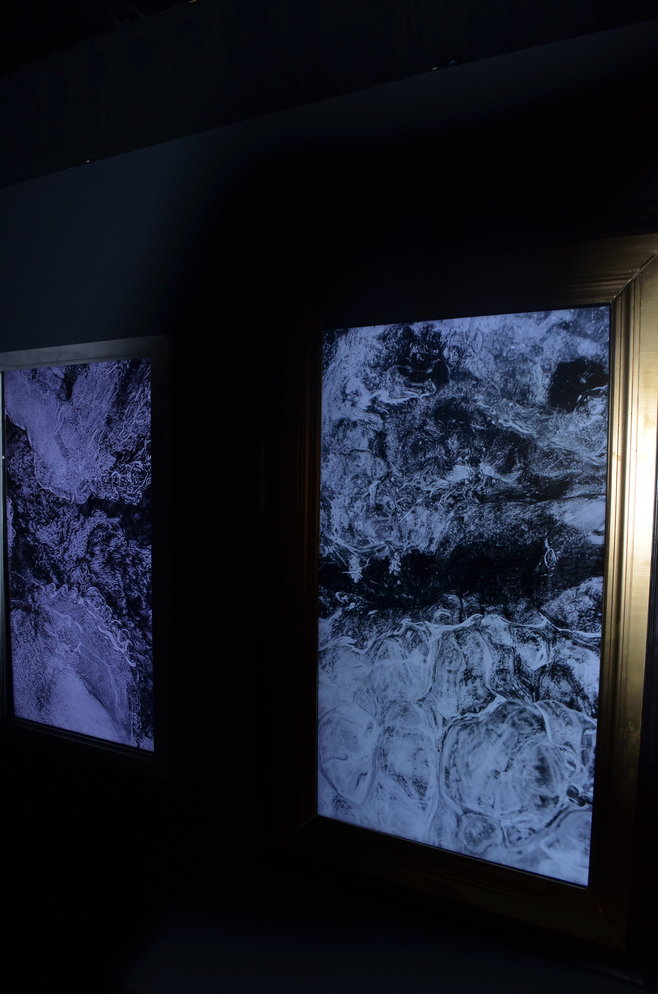 Black-and-white close-ups of water and ice hang on the walls of the Narrowsburg Union's Digital Gallery, part of an exhibition from Eddit Marritz, "Where I Live."